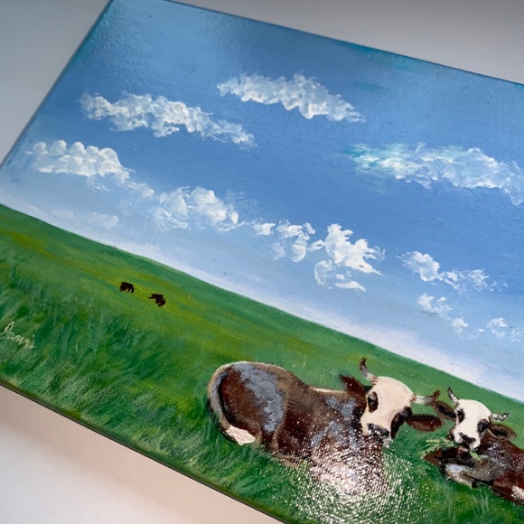 Original cows in pasture painting size 8”x10” handmade gloss varnished farm SOLD - Picture 3 of 10